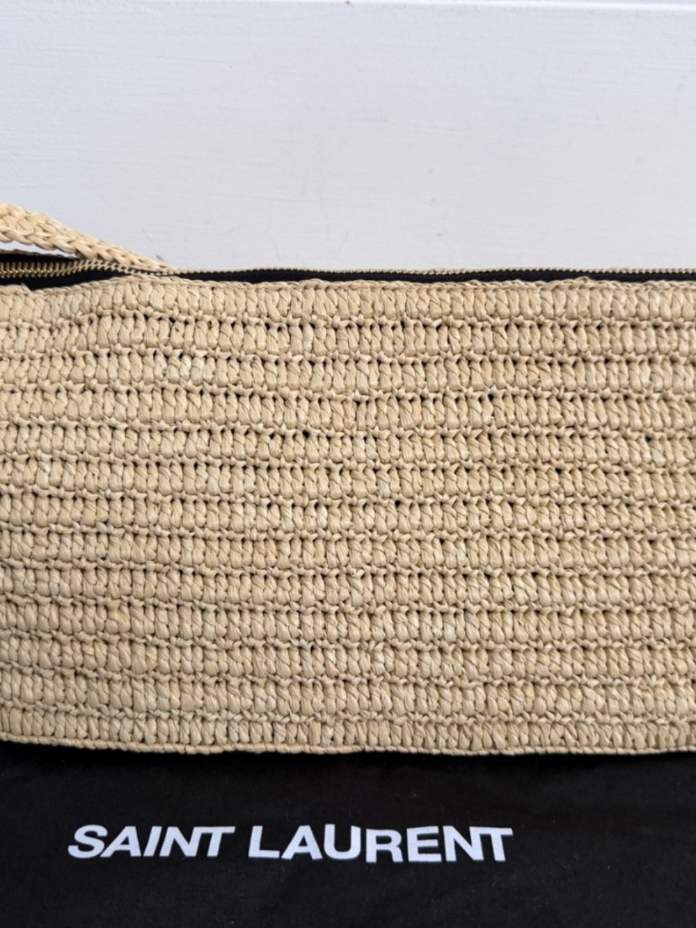 Saint Laurent YSL Le Rafia Beige Black Woven Embroidered Logo Zip Crossbody Bag - Picture 7 of 15